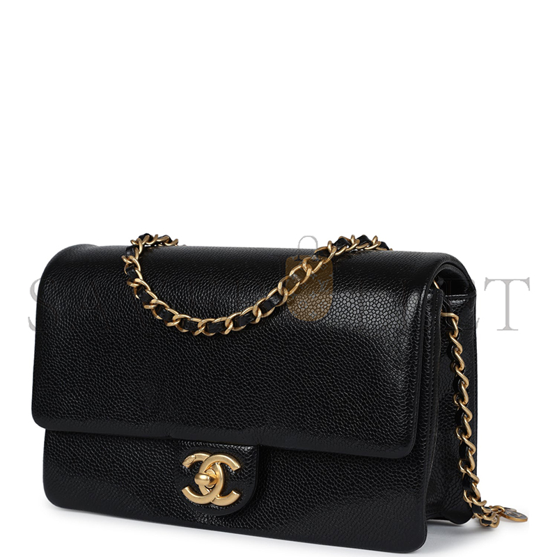 CHANEL MASTER SMALL FLAP BAG BLACK SHINY GRAINED CALFSKIN BRUSHED GOLD HARDWARE  AS5186 (23*15*8cm)